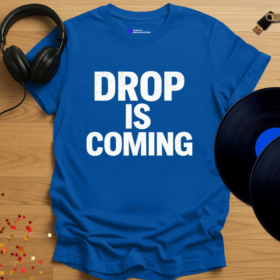 Drop Is Coming house music T-shirt in royal blue, front view