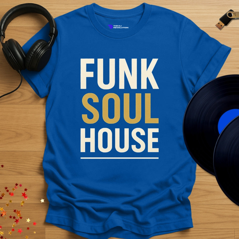 ‘Funk Soul House’ house music T-shirt in royal blue, front view