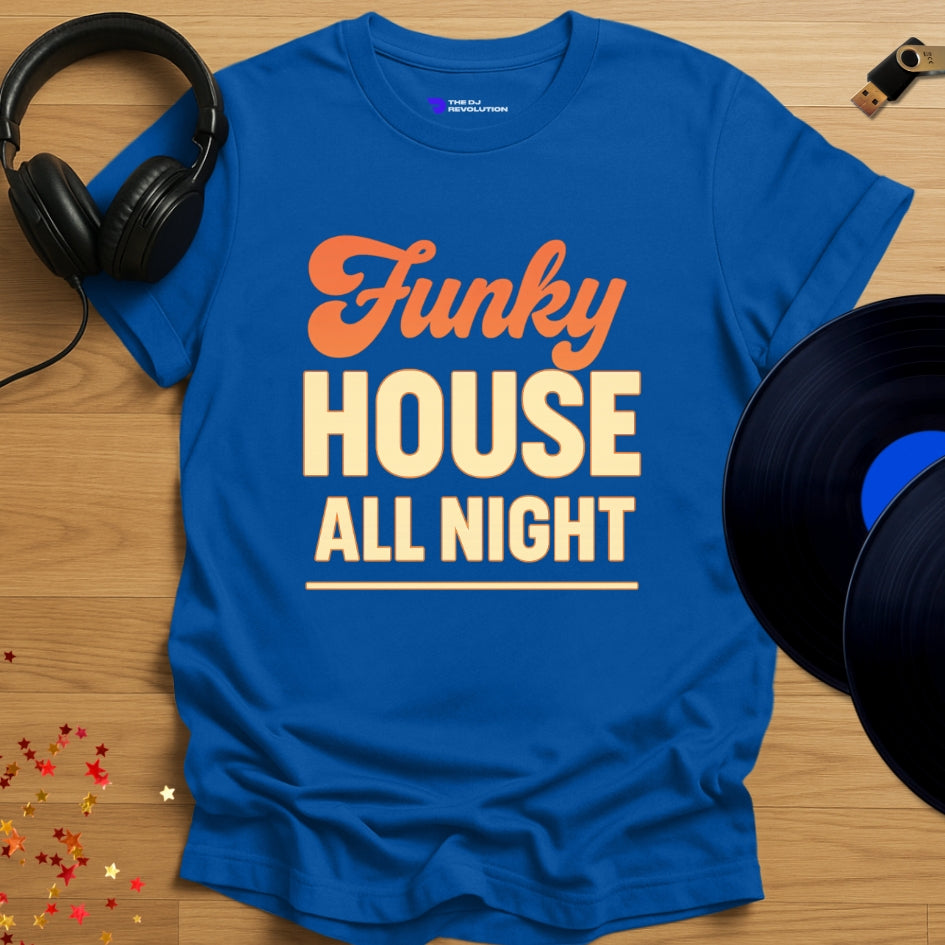 Funky House All Night house music T-shirt in royal blue, front view