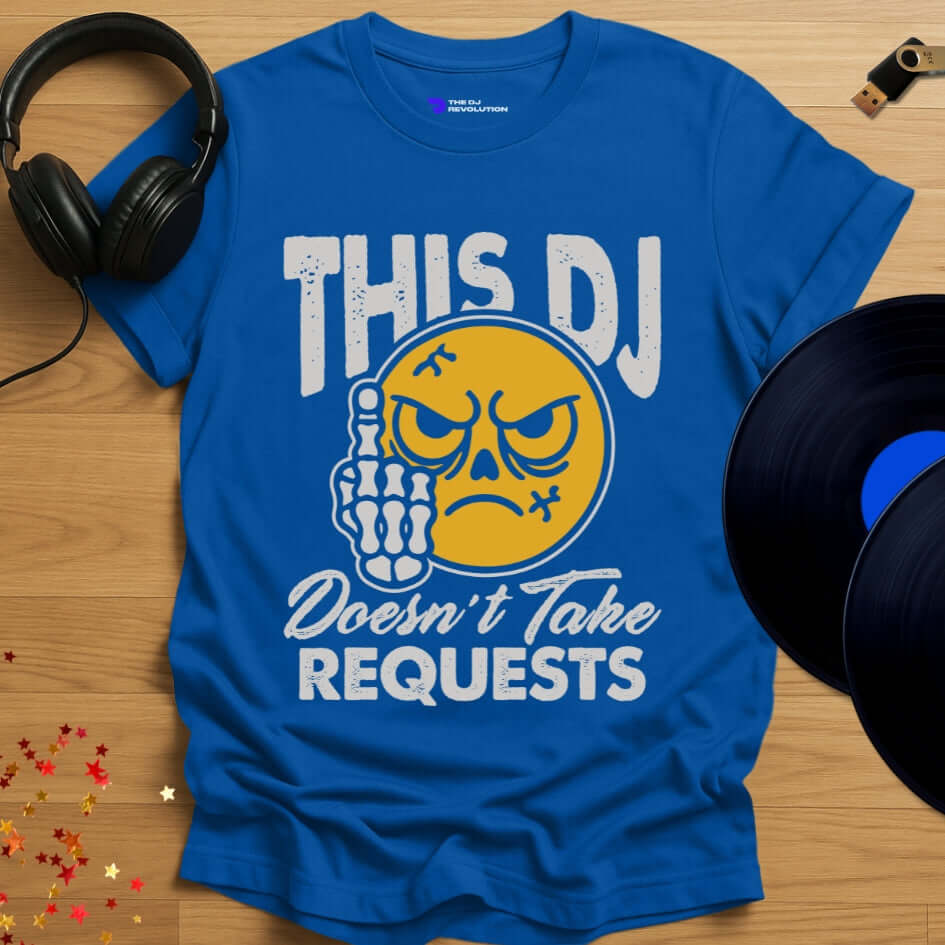 Funny DJ T-shirt, 'No Requests' design in royal blue, front view