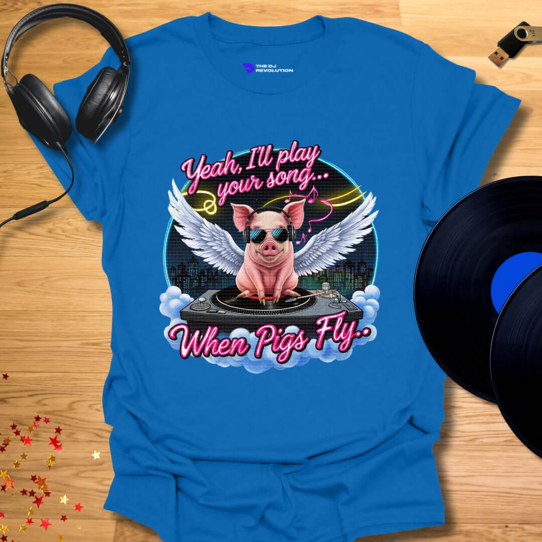 Funny DJ T-shirt, 'Pigs Fly' design in royal blue, front view