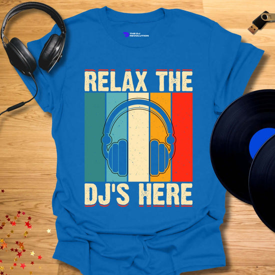 Funny DJ T-shirt, 'Relax the DJs Here' design in royal blue, front view