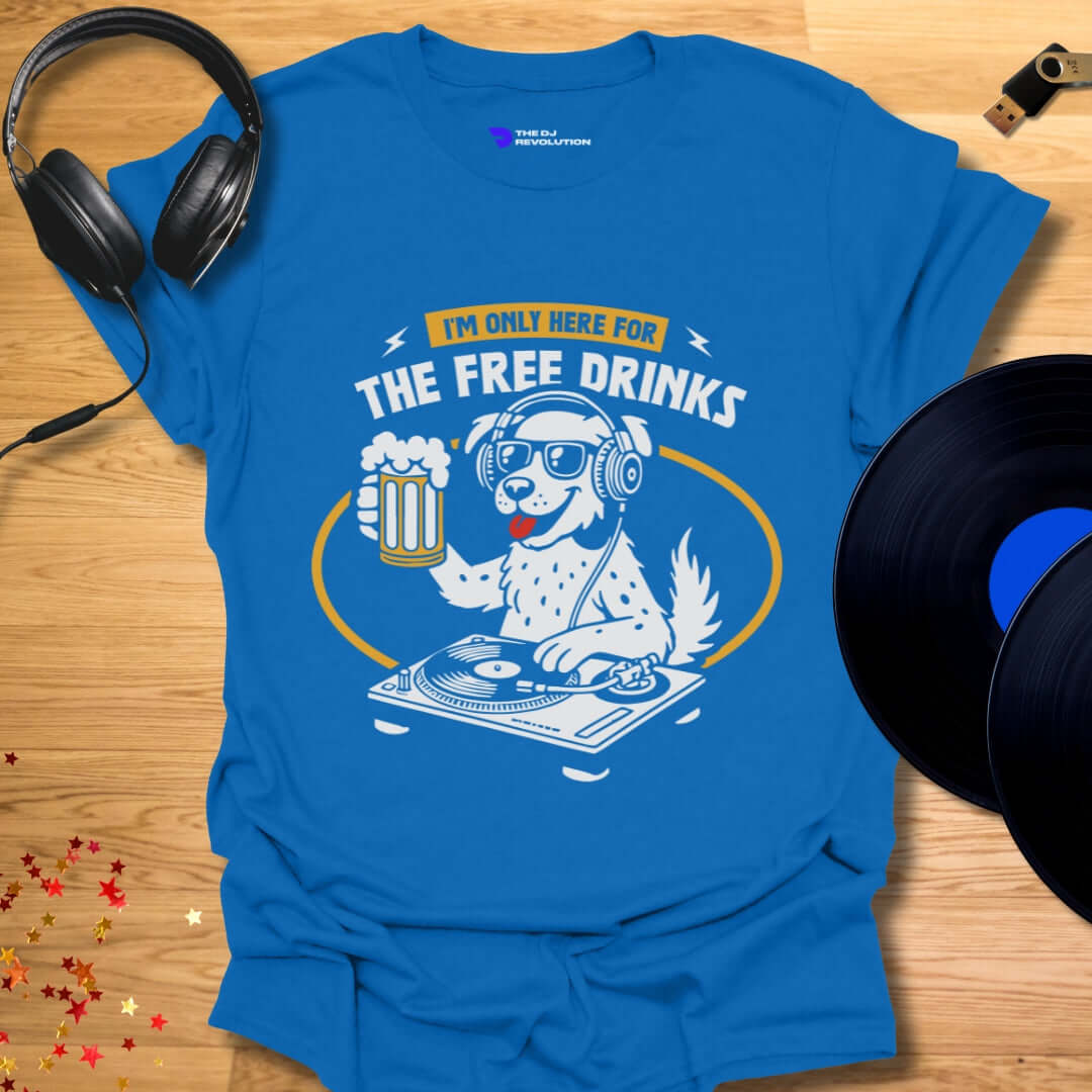 Funny DJ T-shirt, 'The Thirsty DJ' design in royal blue, front view