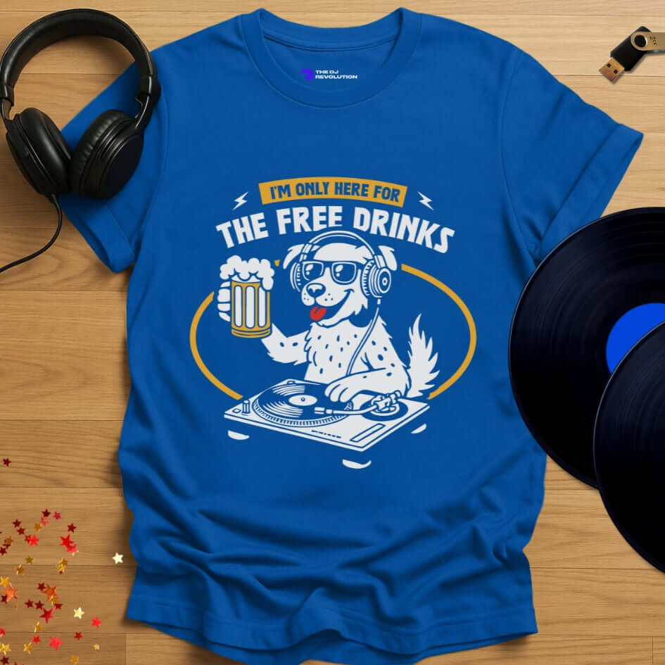 Funny DJ T-shirt, 'The Thirsty DJ' design in royal blue, front view