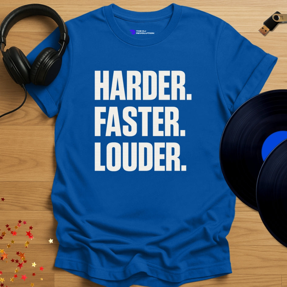 Harder Faster Louder Techno T-shirt in royal blue, front view