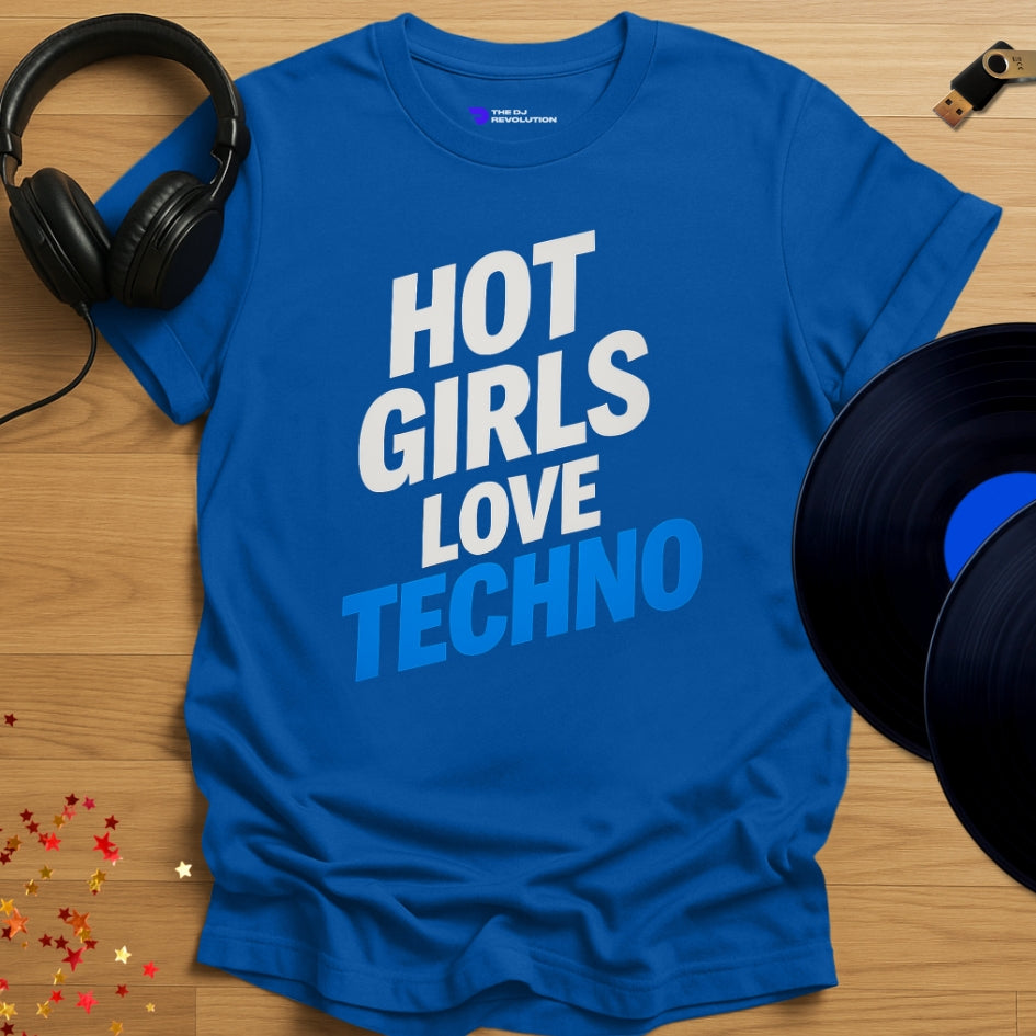 Hot Girls Love Techno T-shirt in royal blue, front view