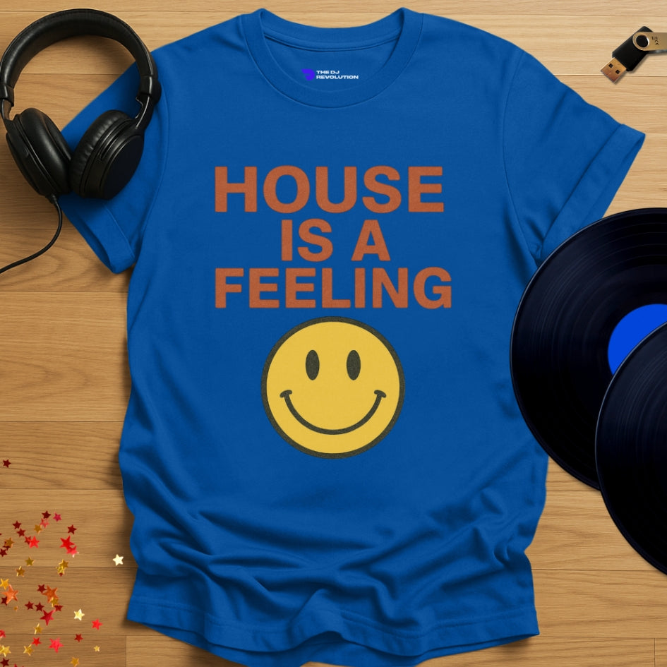House is a Feeling house music T-shirt in royal blue, front view