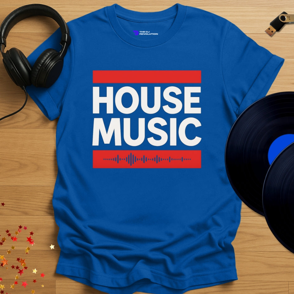 house music T-shirt, 'House Music' design in royal blue, front view