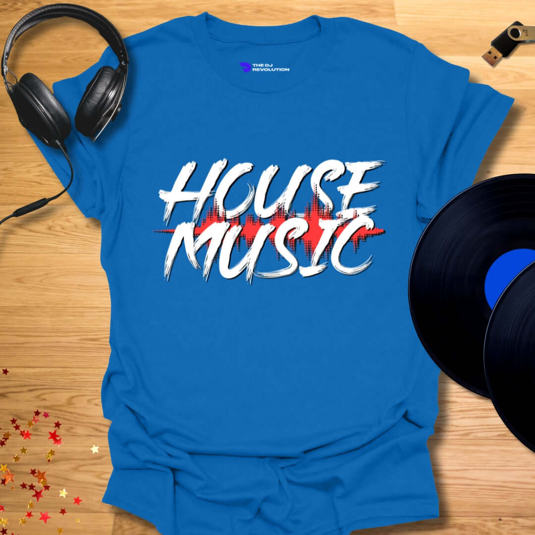 Unisex house music T-shirt, 'House Music' design in royal blue, front view