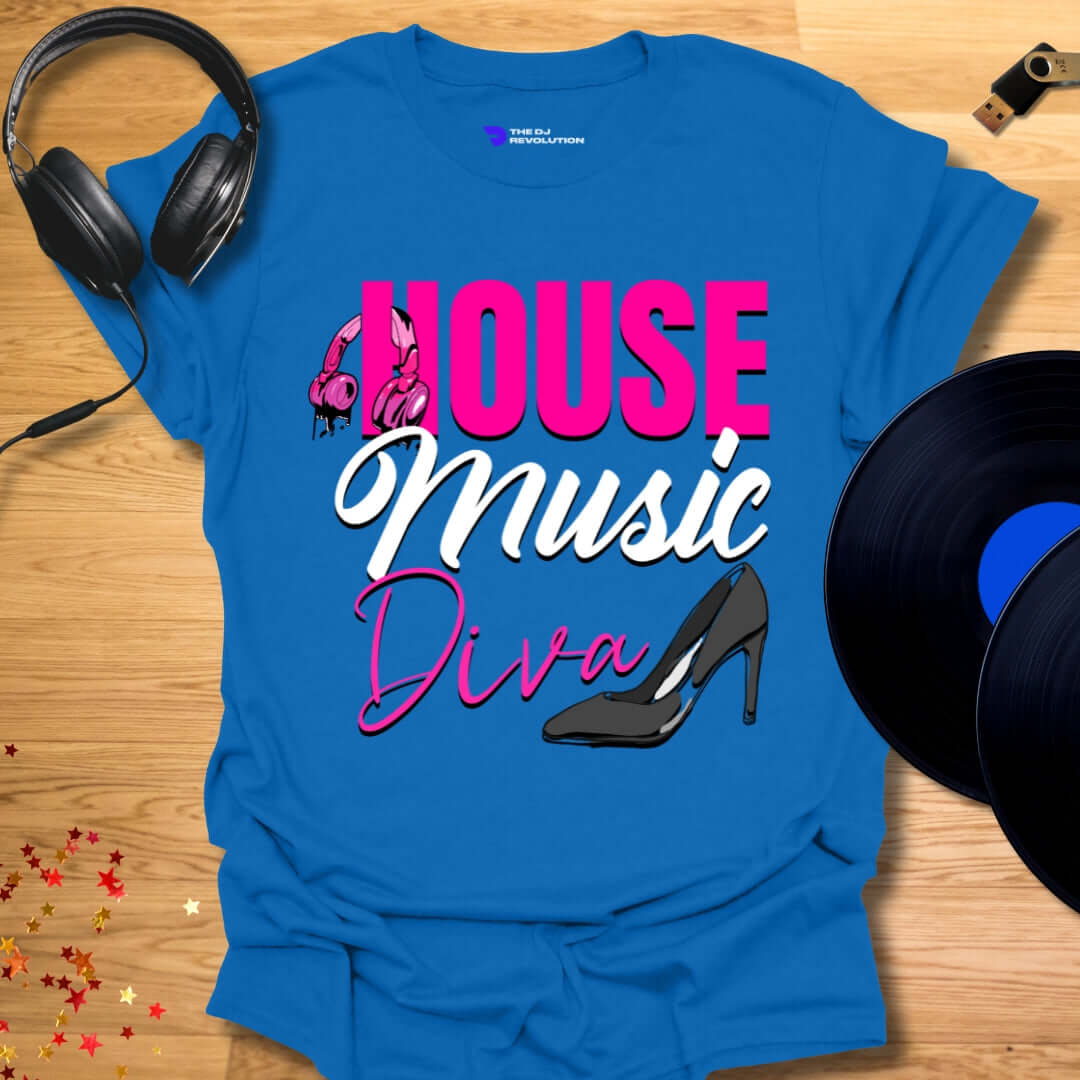 Unisex house music T-shirt, 'House Music Diva' design in royal blue, front view