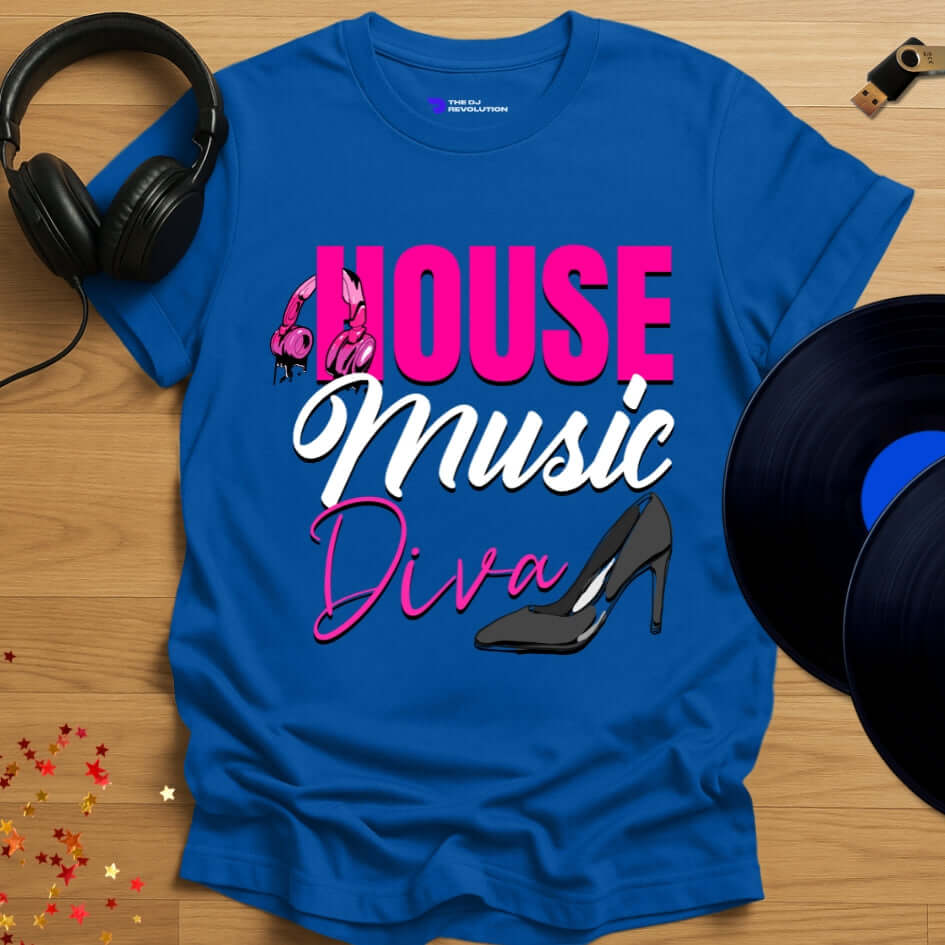 Unisex house music T-shirt, 'House Music Diva' design in royal blue, front view