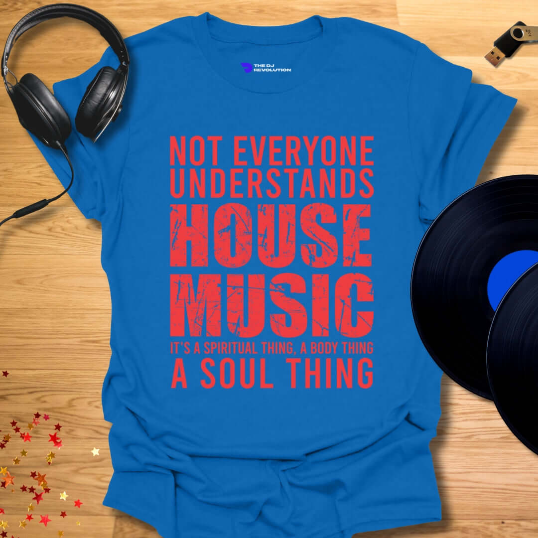 Unisex house music T-shirt, 'House Music Lover' design in royal blue, front view