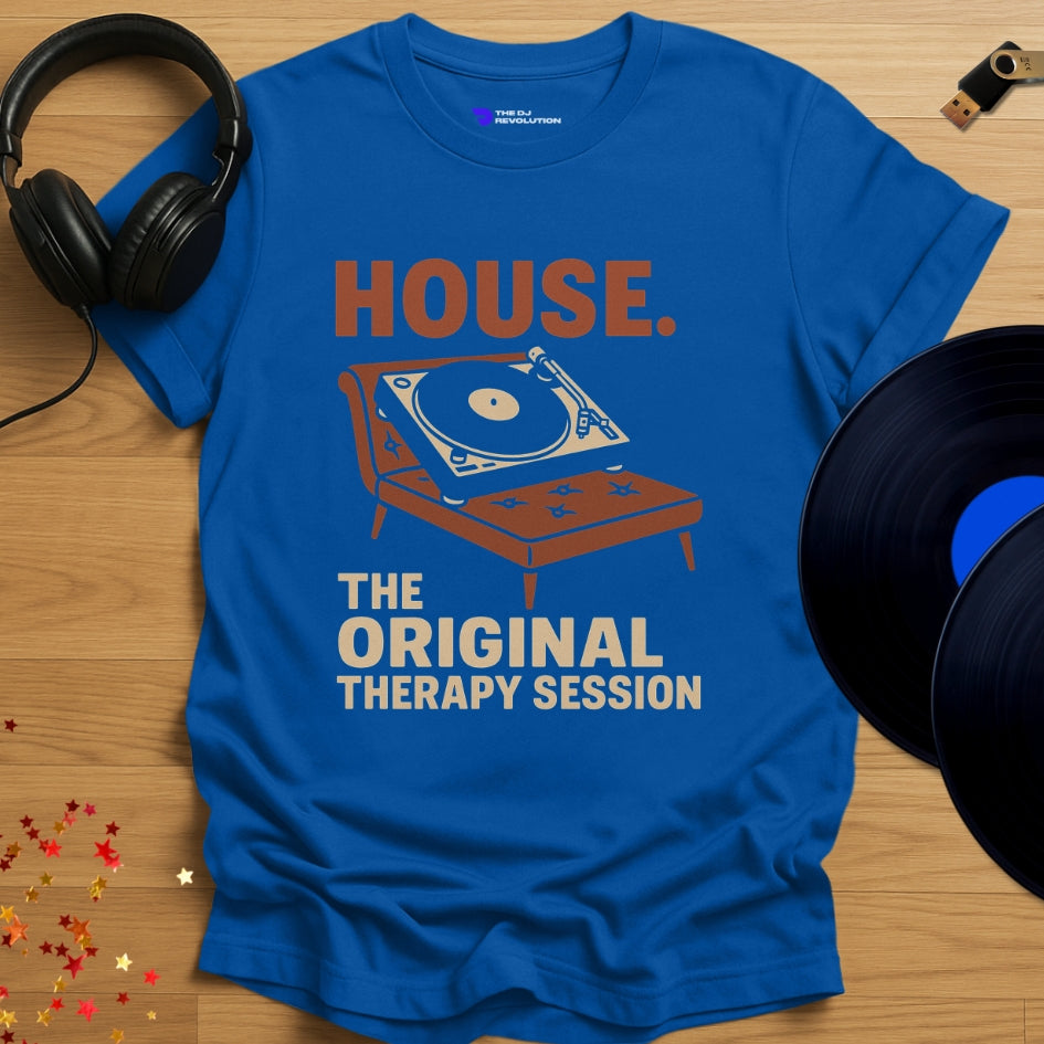 House Therapy house music T-shirt in royal blue, front view