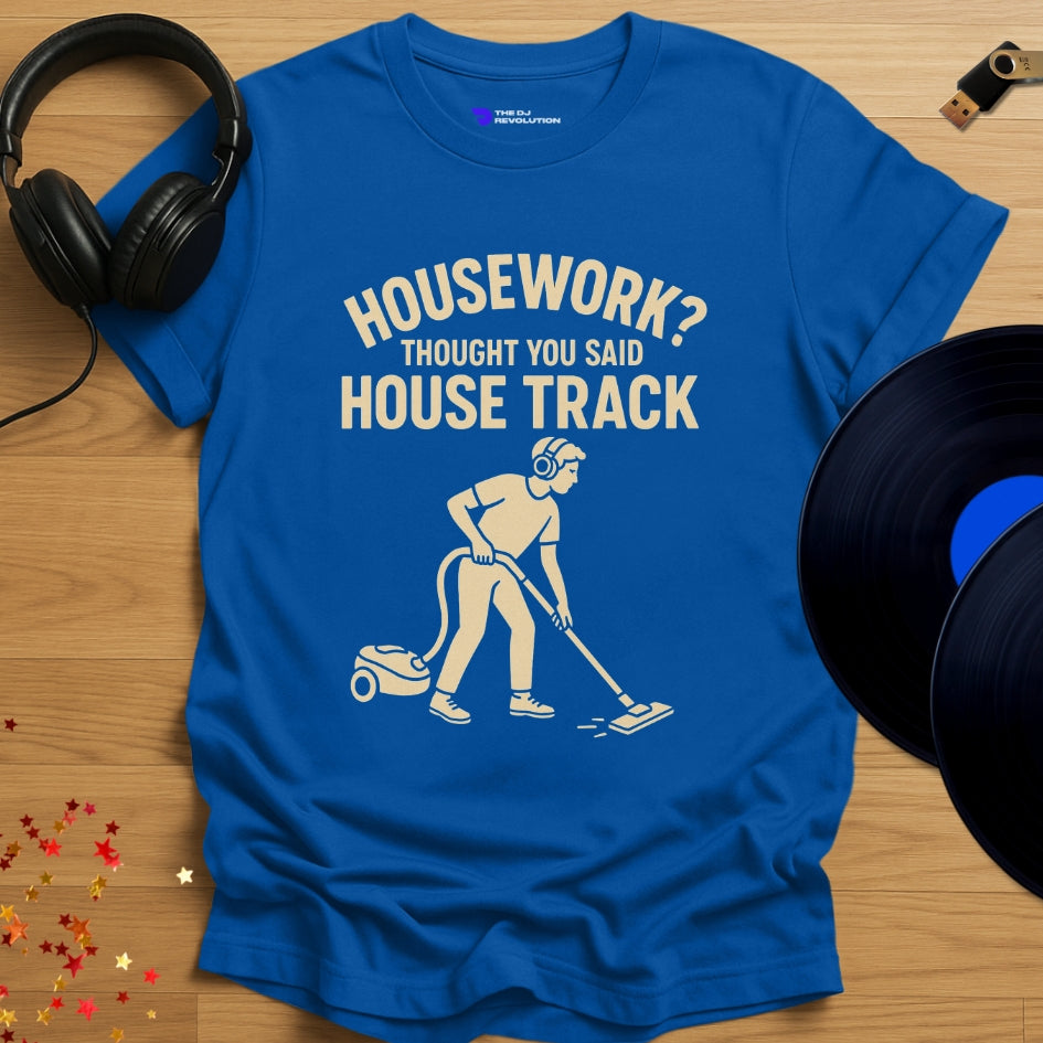 Housework house music T-shirt in royal blue, front view