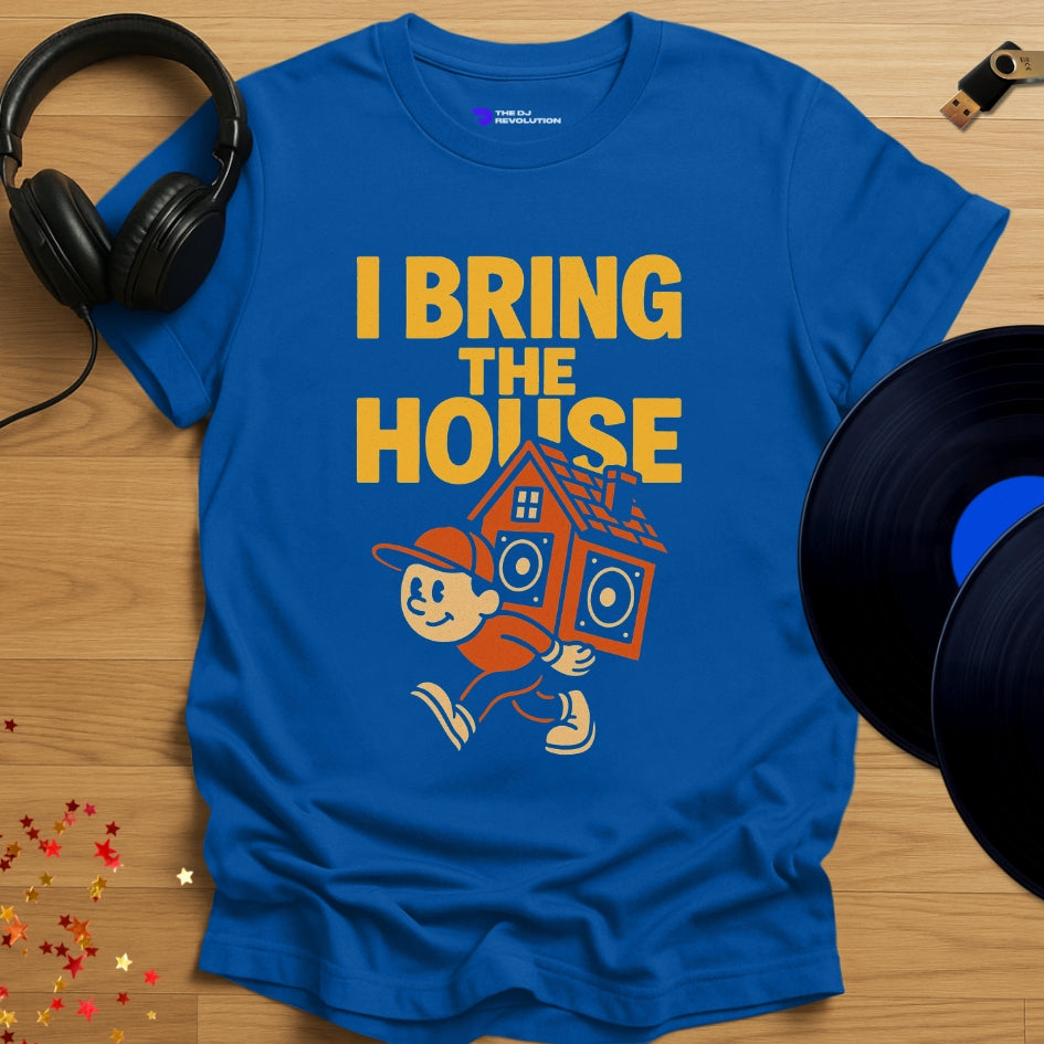 ‘I Bring the House’ house music T-shirt in royal blue, front view