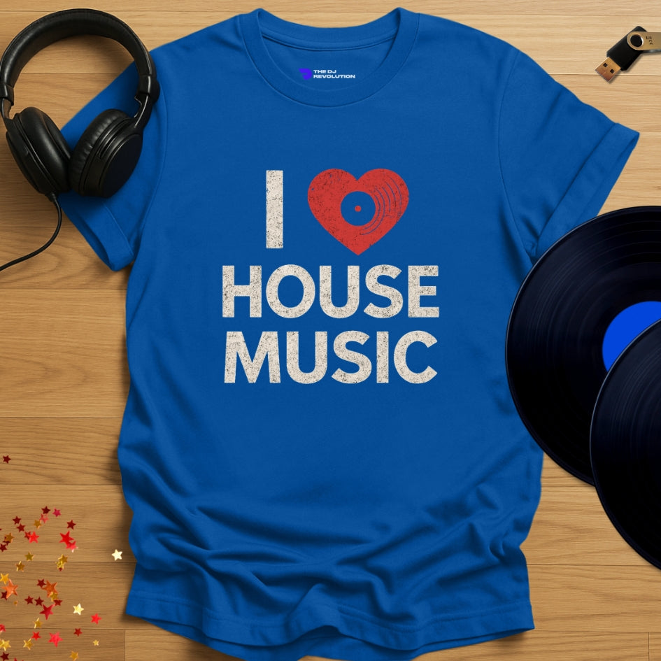 I Love House Music T-shirt in royal blue, front view