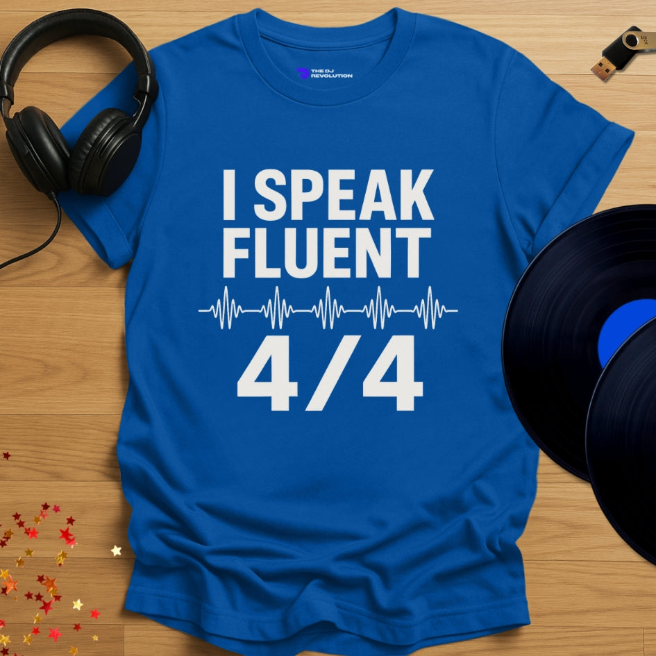 I Speak Fluent 4/4 house music T-shirt in royal blue, front view