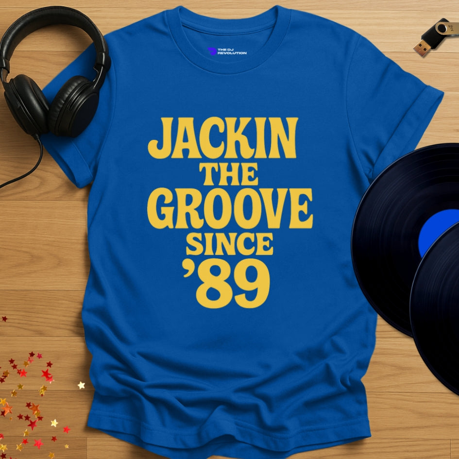 Jackin The Groove house music T-shirt in royal blue, front view