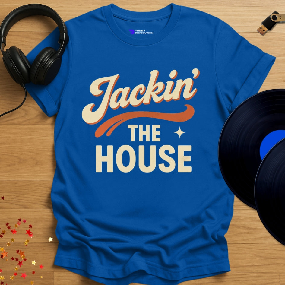 ‘Jackin The House’ house music T-shirt in royal blue, front view