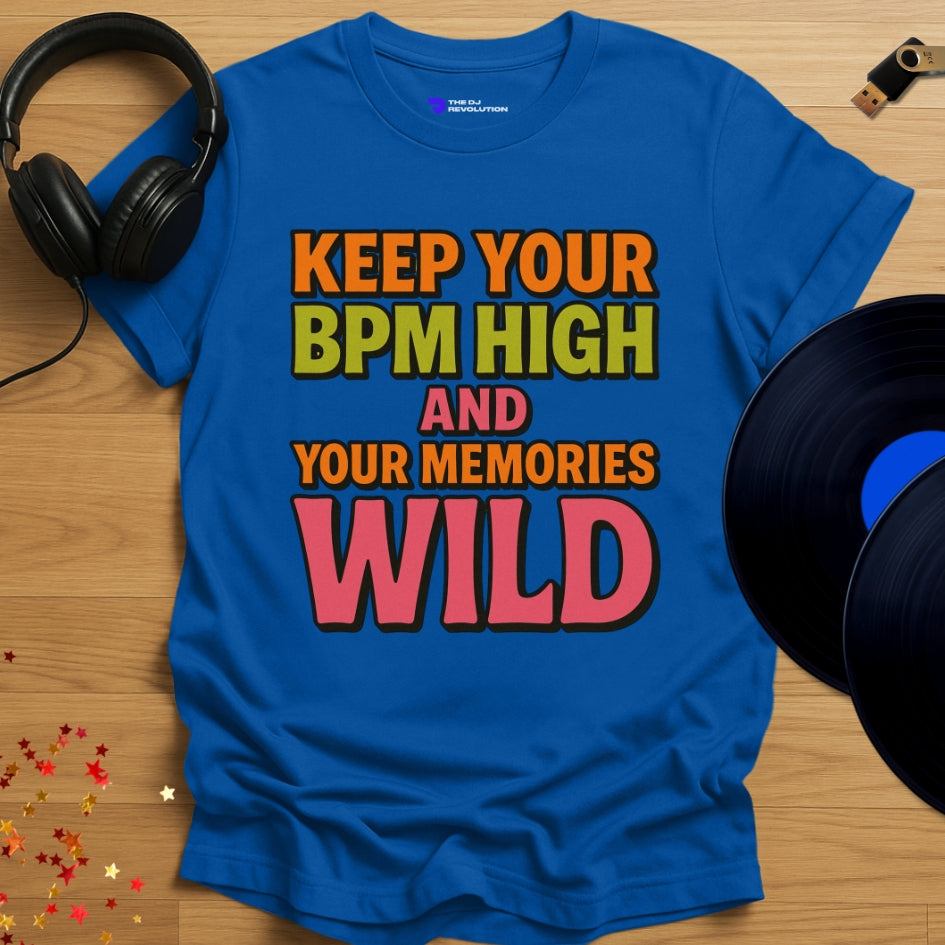 Keep Your BPM High house music T-shirt in royal blue, front view