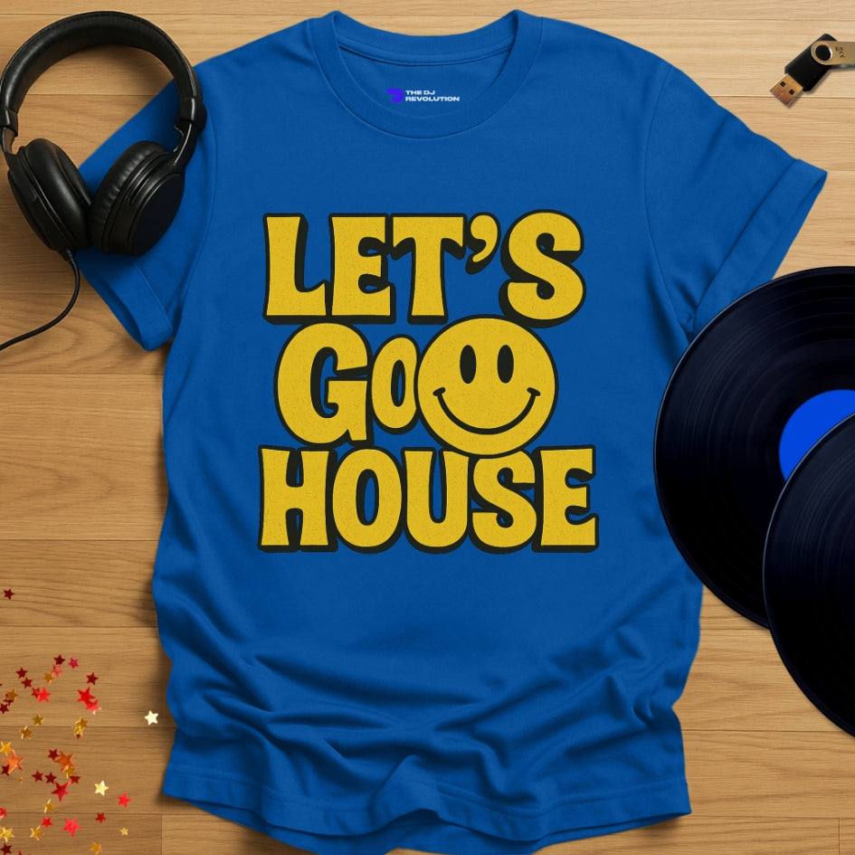 Let’s Go House’ house music T-shirt in royal blue, front view