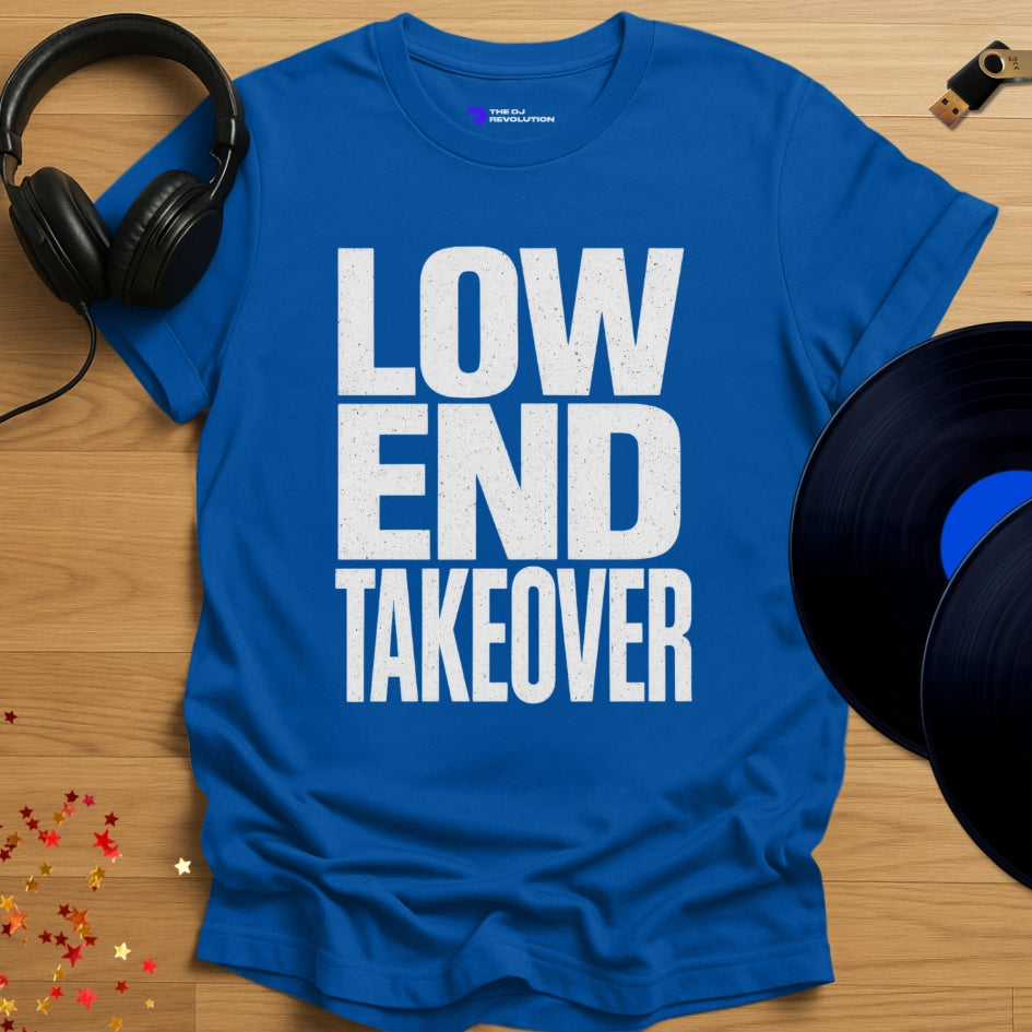 Low End Takeover Techno T-shirt in royal blue, front view