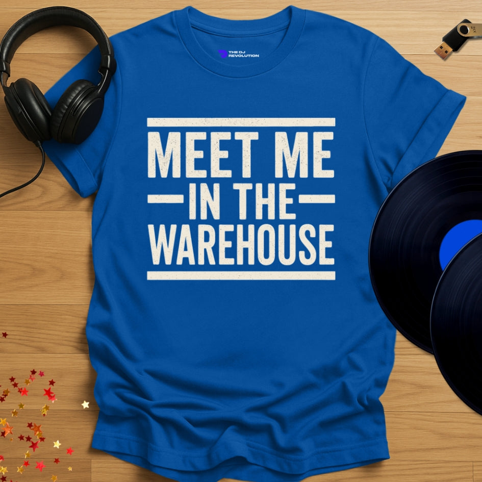 Meet Me In The Warehouse Techno T-shirt in royal blue, front view