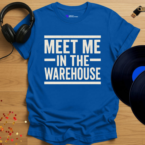 Meet Me In The Warehouse Techno T-shirt in royal blue, front view