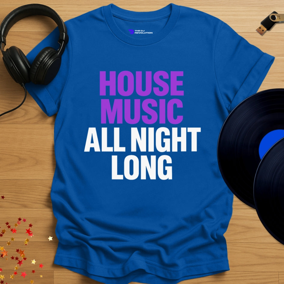 House Music All Night Long T-shirt in royal blue, front view