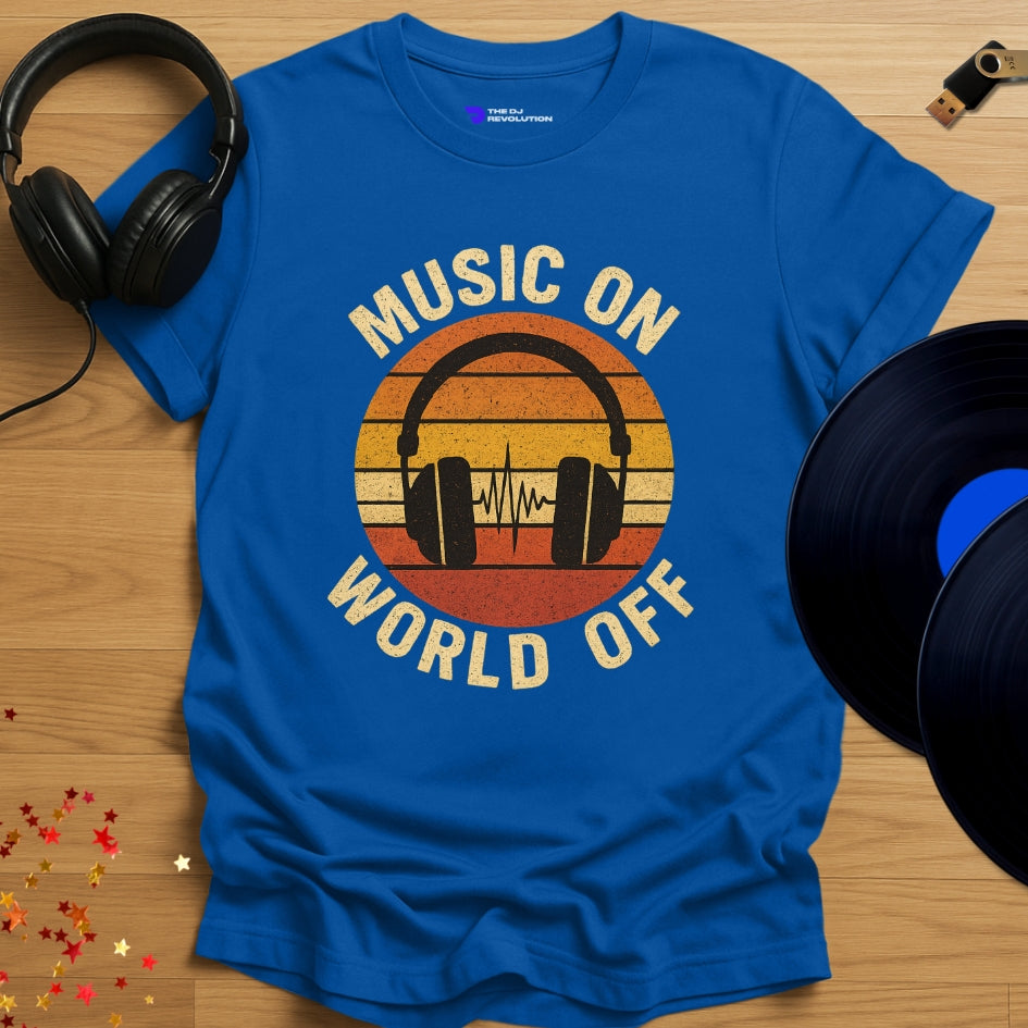 'Music On World Off' T-shirt in royal blue, front view