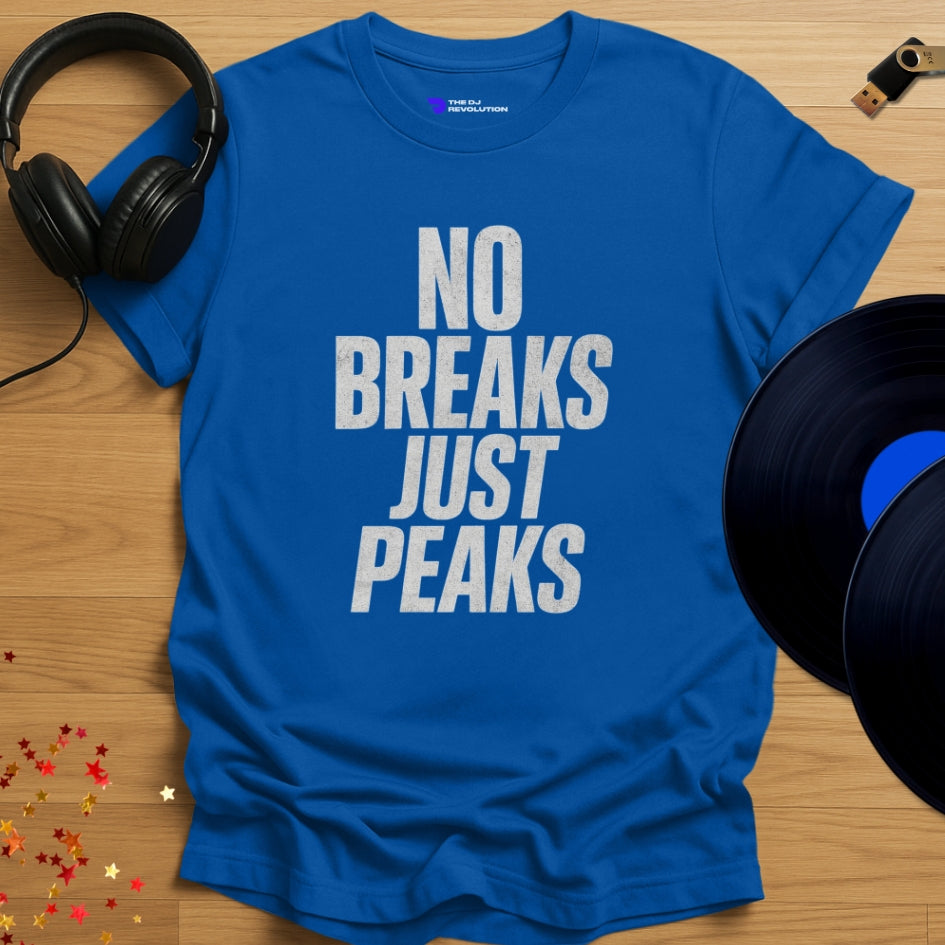 No Breaks Just Peaks Techno T-shirt in royal blue, front view