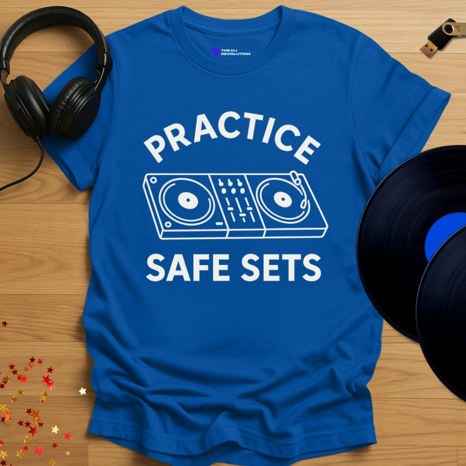 'Practice Safe Sets', funny DJ T-shirt in royal blue, front view