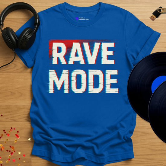 'Rave Mode', rave DJ T-shirt in royal blue, front view