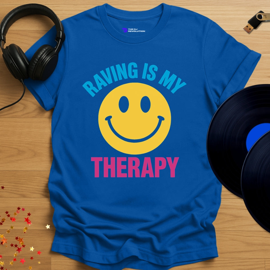 'Raving Is My Therapy', rave T-shirt in royal blue, front view