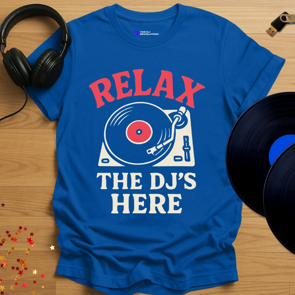 'Relax the DJs Here', funny DJ T-shirt in royal blue, front view