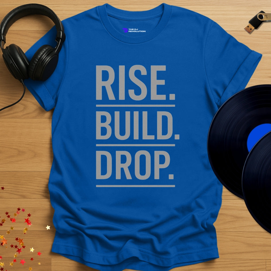 Rise Build Drop Techno T-shirt in royal blue, front view