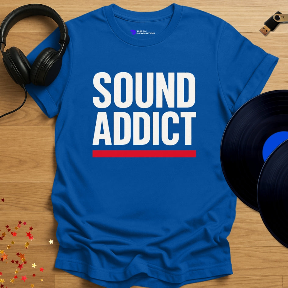 'Sound Addict’, music lover DJ T-shirt in royal blue, front view