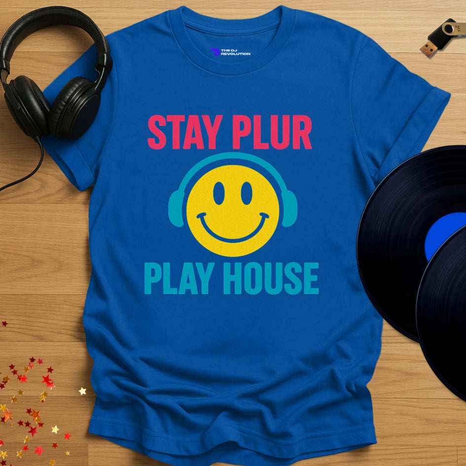Stay PLUR house music T-shirt in royal blue, front view