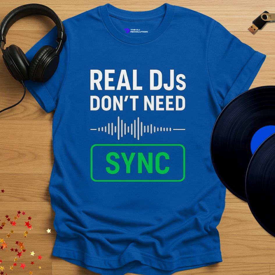 Sync button DJ T-shirt, 'Sync Button Tee' design in royal blue, front view