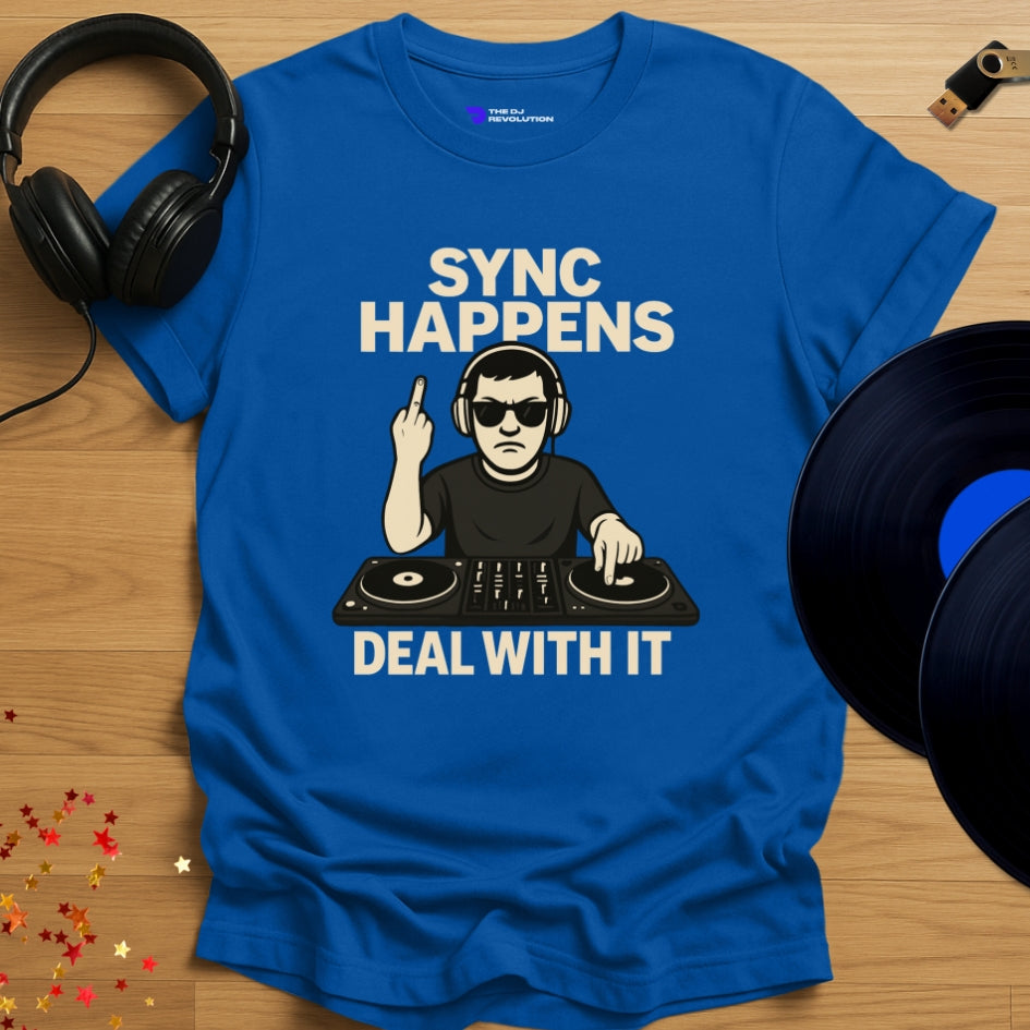 'Sync Happens' funny DJ T-shirt design in royal blue, front view