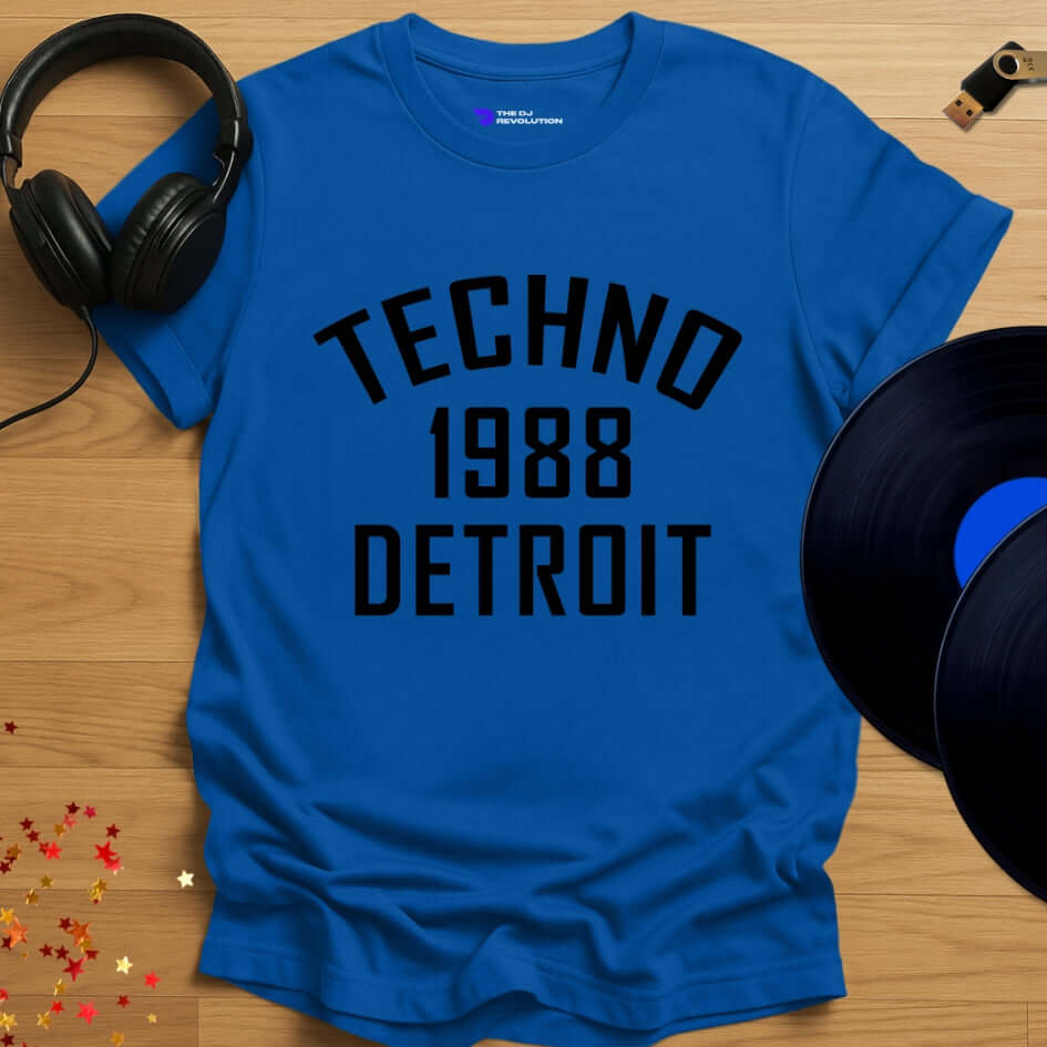 Detroit techno T-shirt, 'Detroit Techno 1988' design in royal blue, front view