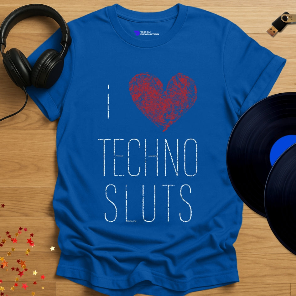 techno T-shirt, 'I Love Techno Sluts' design in royal blue, front view