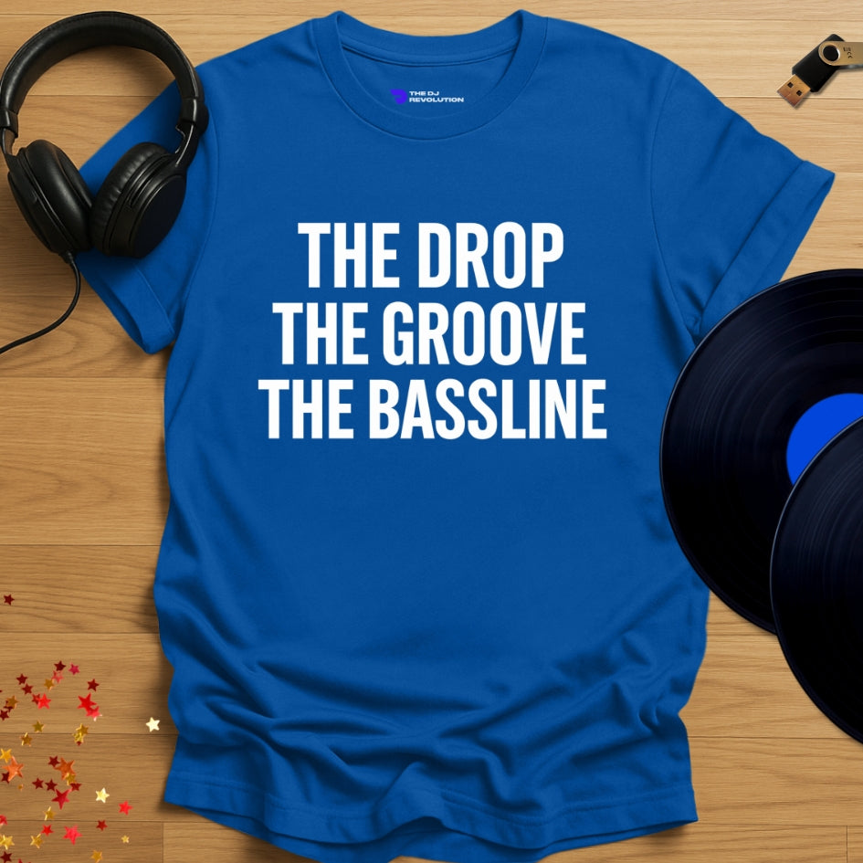 The Bassline house music T-shirt in royal blue, front view