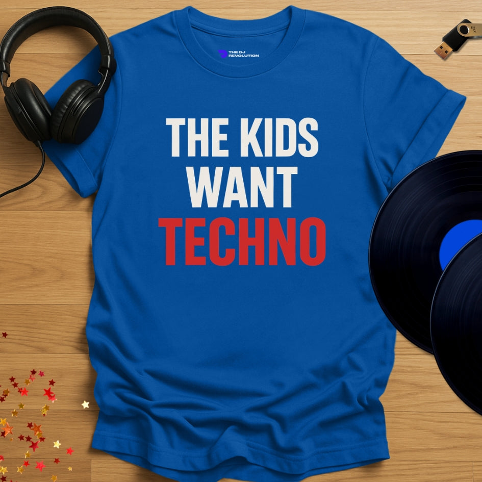 The Kids Want Techno T-shirt in royal blue, front view