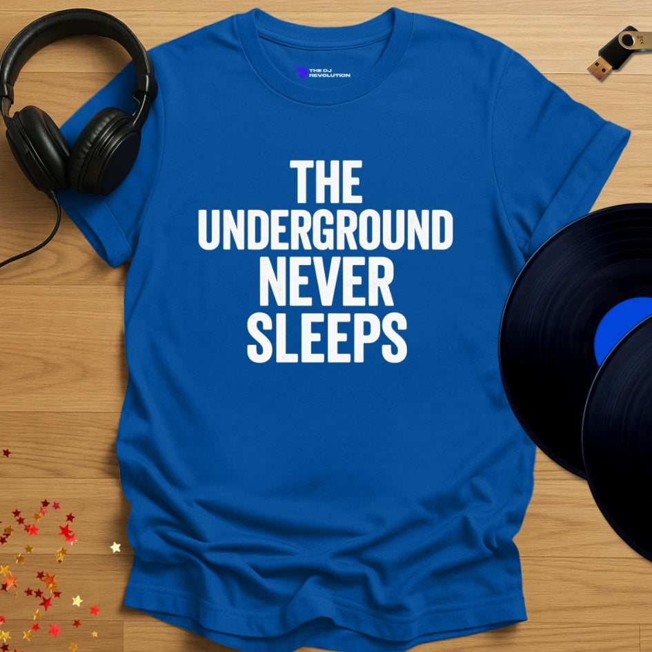 The Underground Never Sleeps Techno T-shirt in royal blue, front view