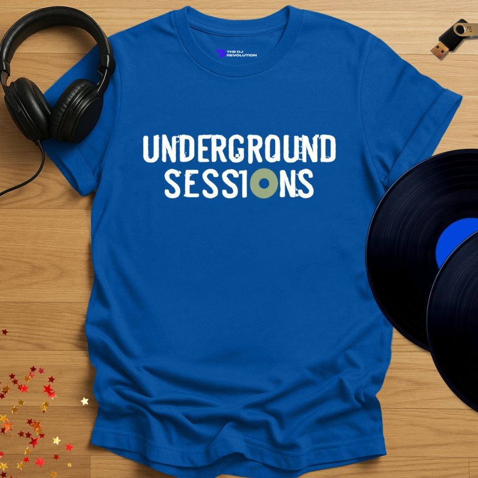 Underground Sessions house music T-shirt in royal blue, front view