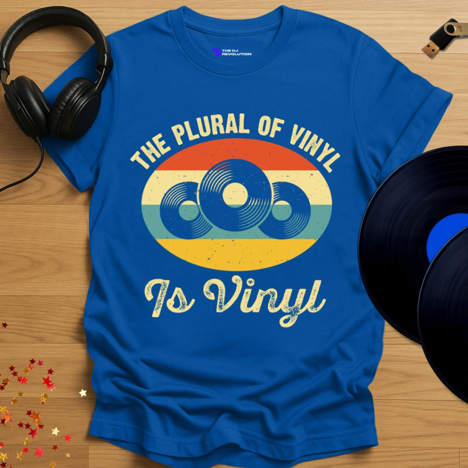 Vinyl enthusiast DJ T-shirt, 'The Plural of Vinyl' design in royal blue, front view