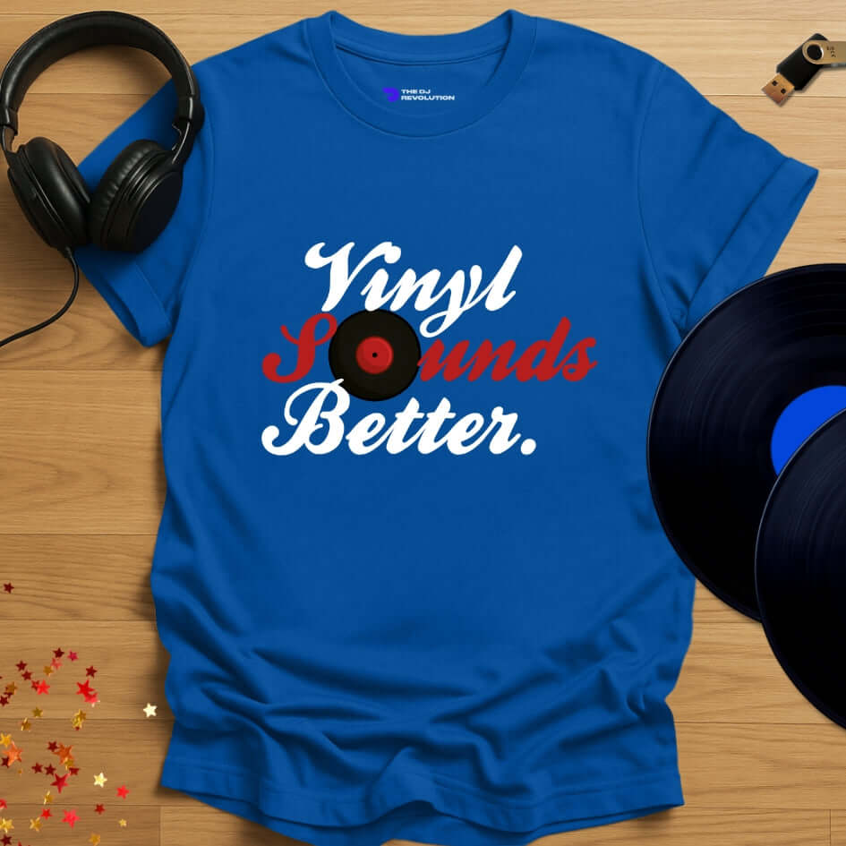 Vinyl DJ T-shirt, 'Vinyl Sounds Better' design in royal blue, front view
