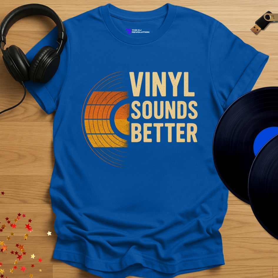 'Vinyl Sounds Better', vinyl DJ T-shirt in royal blue, front view