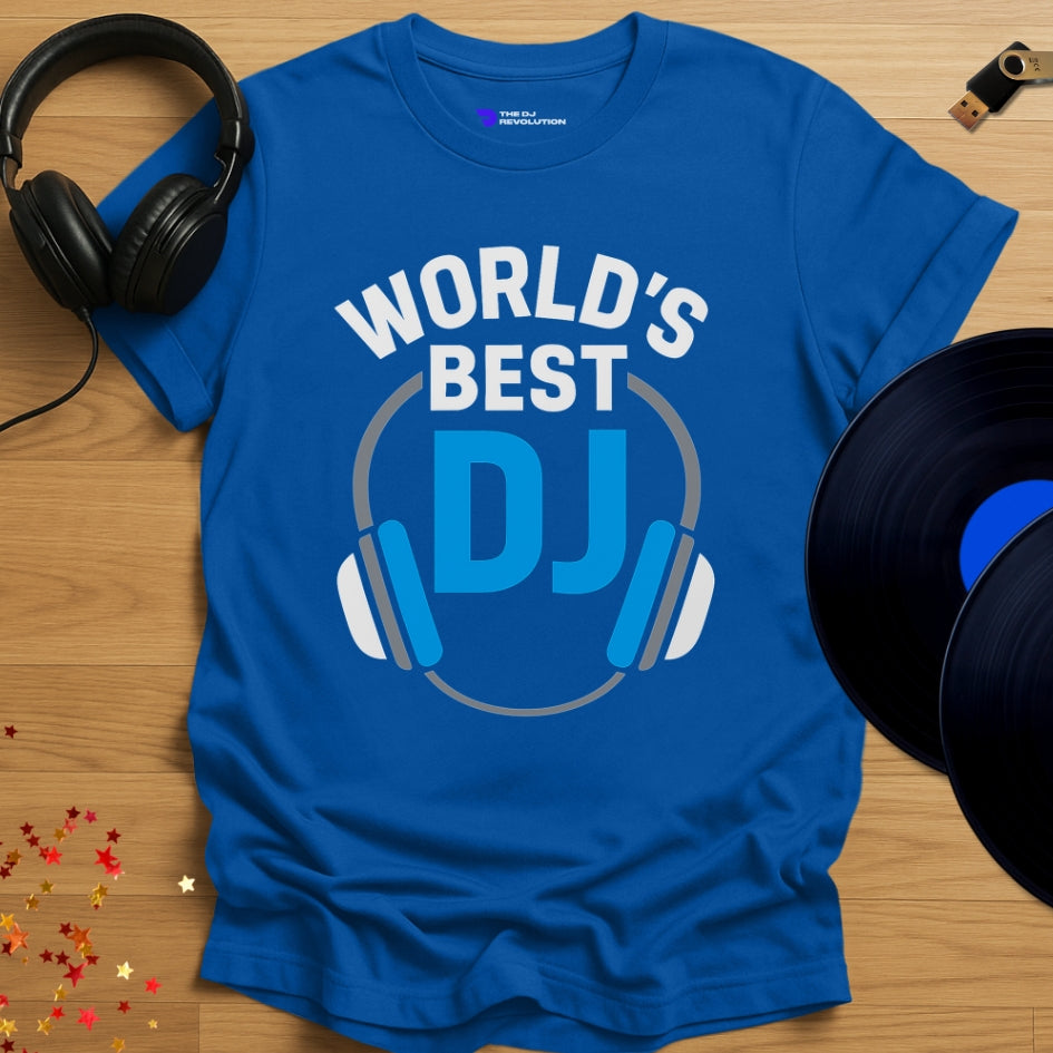 ‘World’s Best DJ', funny DJ T-shirt in royal blue, front view